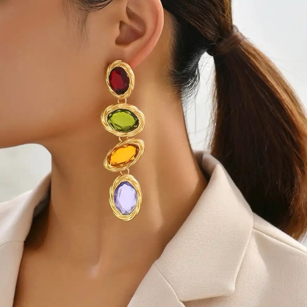 NWT Multicolor Oval Gemstone Alloy Dangle Drop Earrings Women's Fashion Jewelry